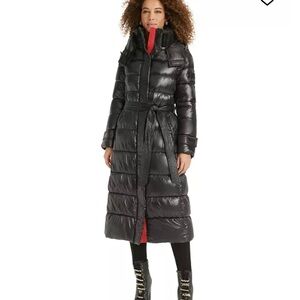 Karl Lagerfeld Shine Hooded Belted Black Long Puffer Coat NWT